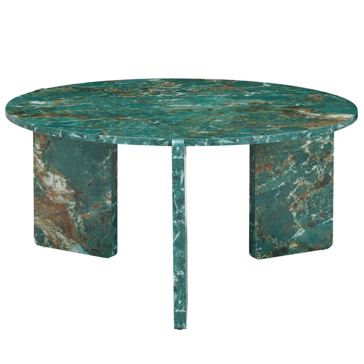 Round marble table with a green and brown marbled pattern on a white background