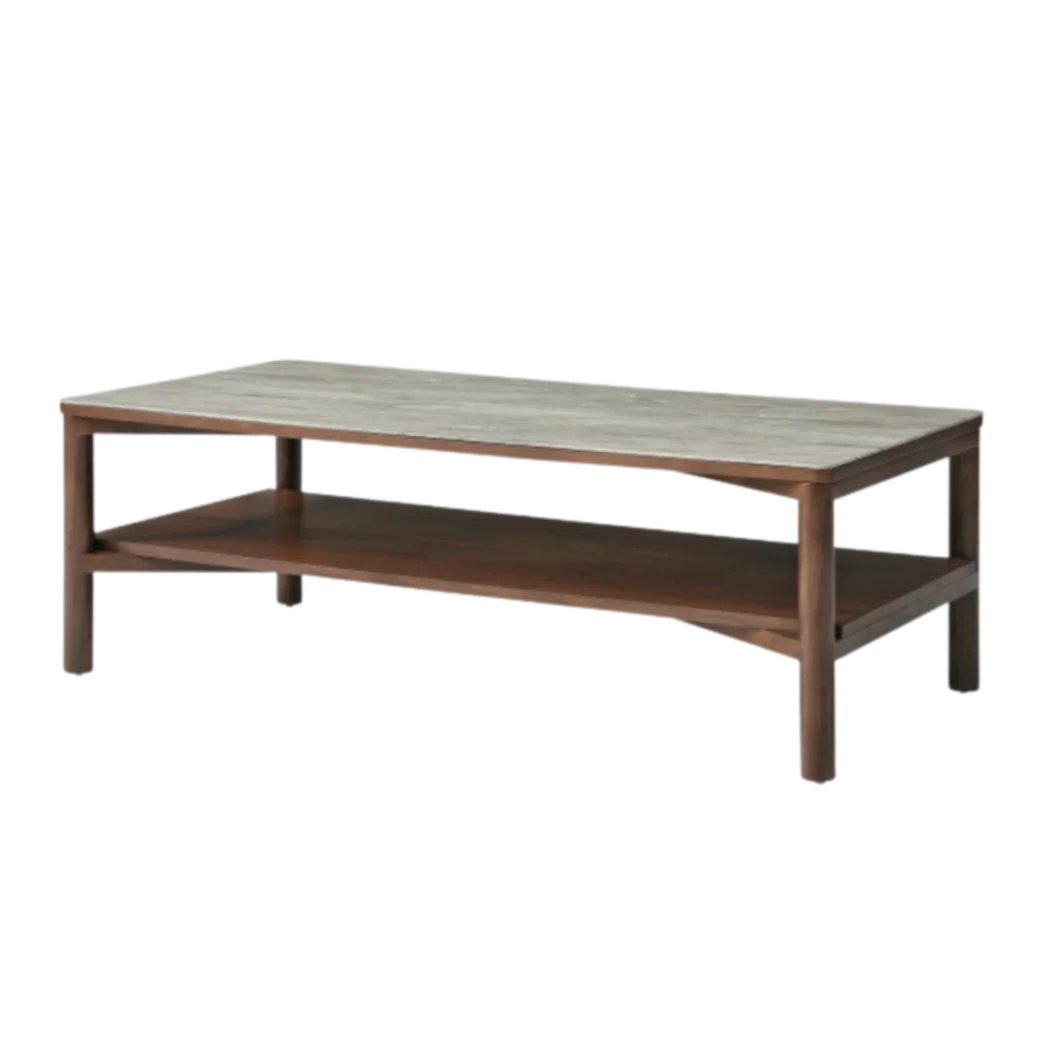 Coffee table with a wooden frame and stone-like top on a white background