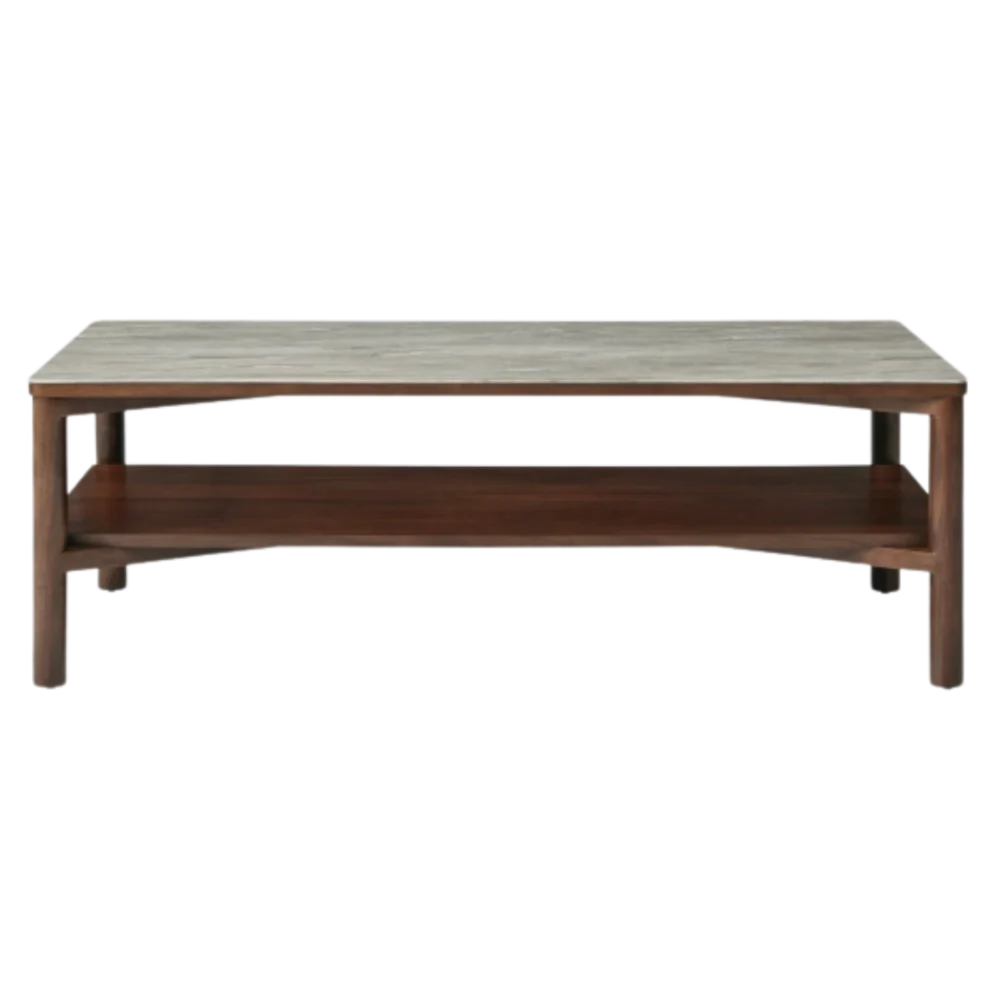 Wooden coffee table with a shelf on a white background