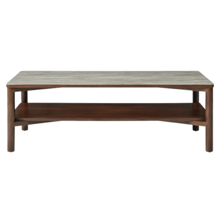 Wooden coffee table with a shelf on a white background