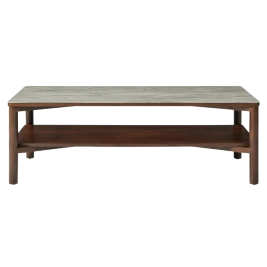 Wooden coffee table with a shelf on a white background