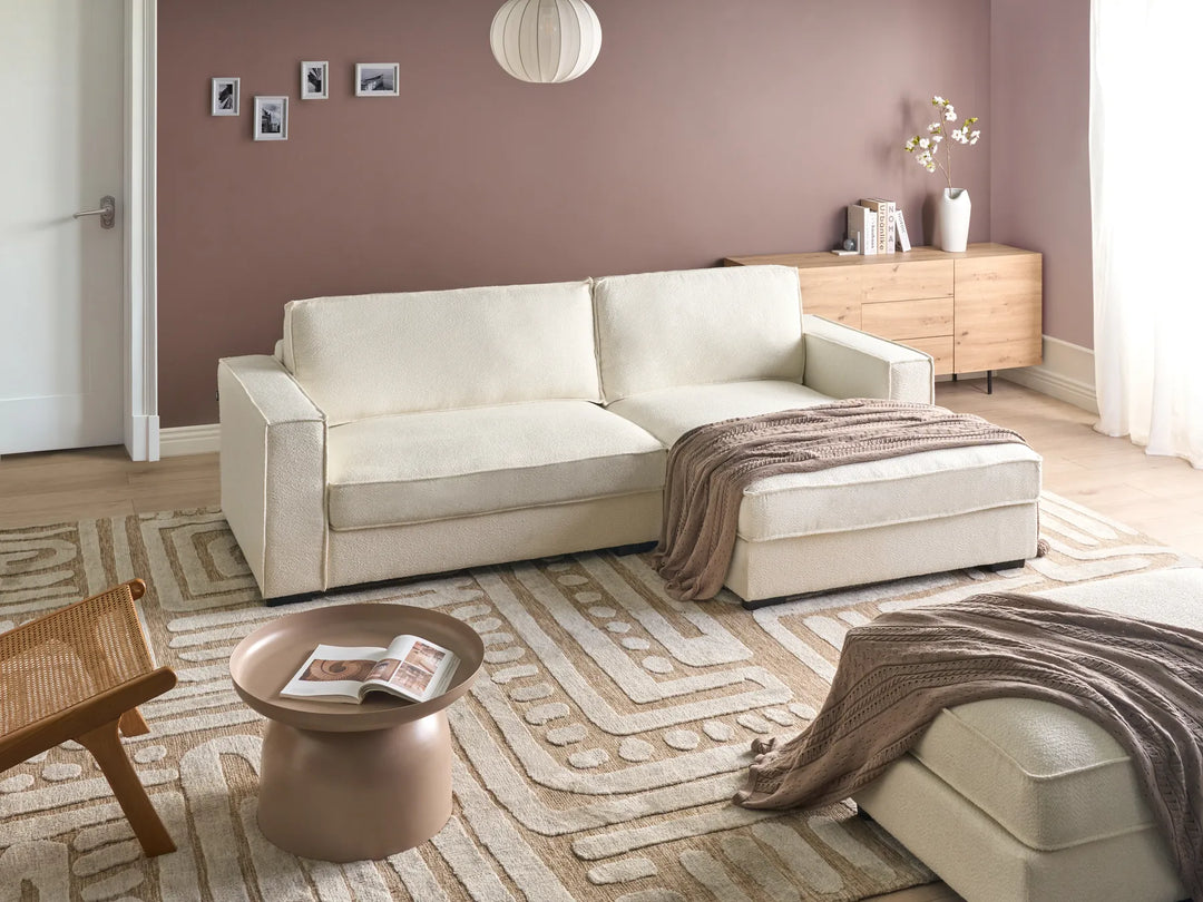 Left hand off-white boucle corner sofa contemporary living room