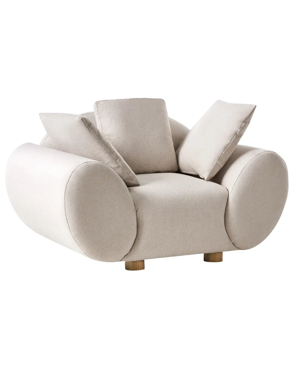 Modern beige armchair with circular design on a white background