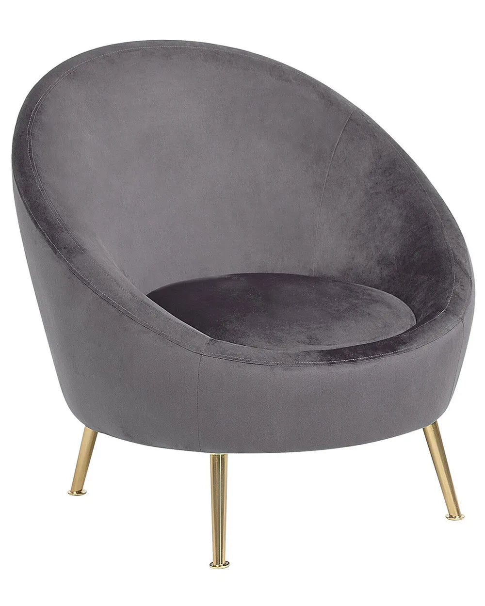 Gray velvet armchair with gold legs on a white background