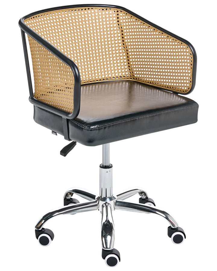 Black office chair with woven backrest on a white background