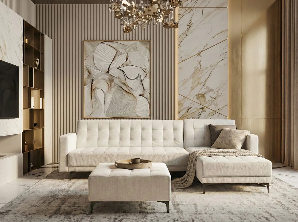 Off‑white fabric modular corner sofa bed, left‑hand layout with ottoman