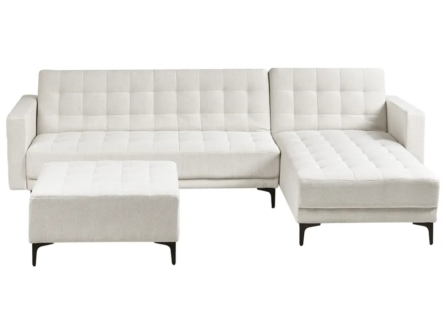 Left-hand 4‑seater modular corner sofa bed in off‑white fabric with ottoman