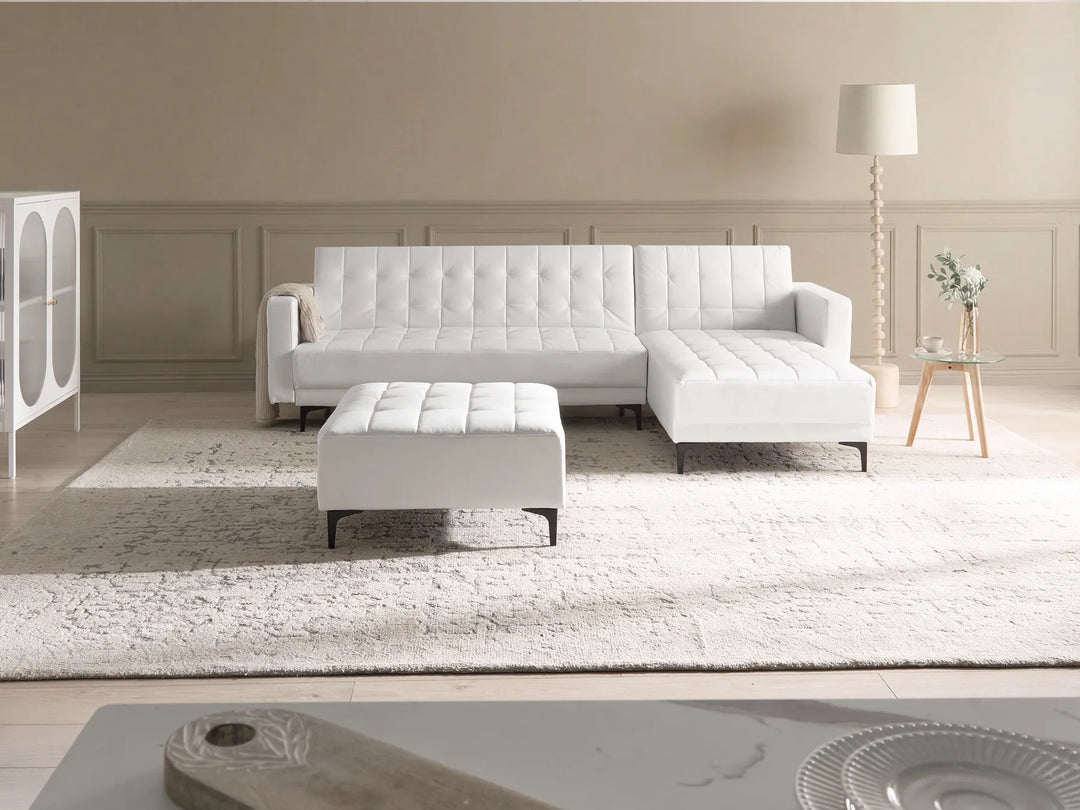 White fabric modular corner sofa bed, left-hand layout