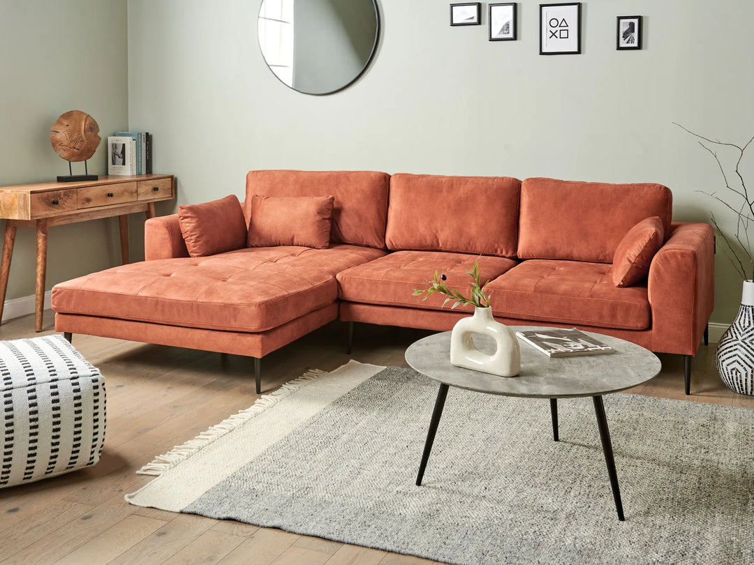 Orange velvet corner sofa, right-hand layout