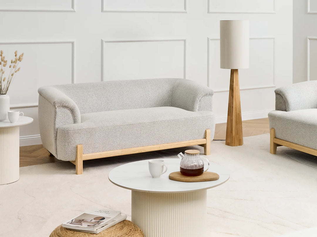 Modern light grey upholstered 2 seater sofa for living room