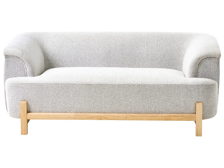 Light grey fabric 2 seater sofa with wooden legs and wide armrests