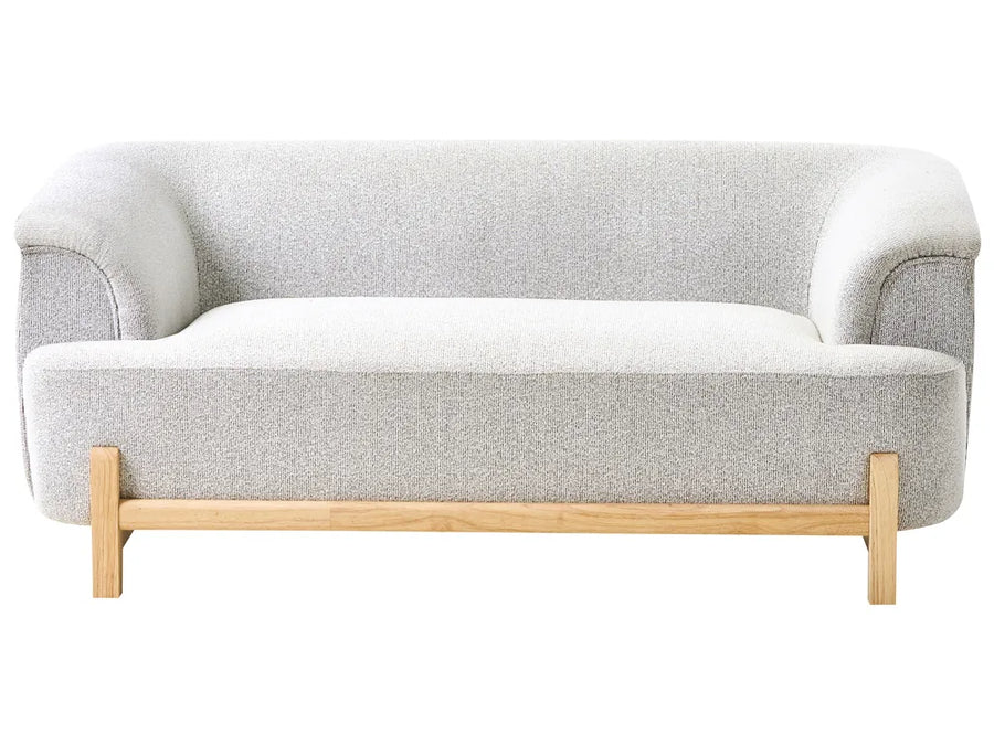 Light grey fabric 2 seater sofa with wooden legs and wide armrests