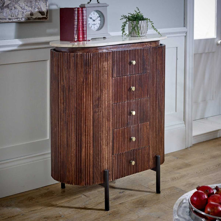 Opal Mango Wood Wide Chest Of Drawers with Marble Top & Metal Legs