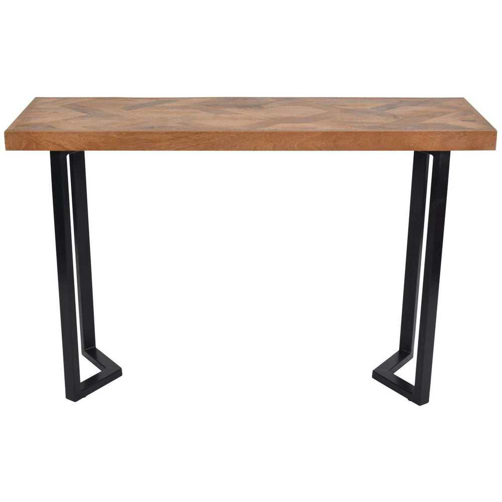 Wooden table with black metal legs on a white background