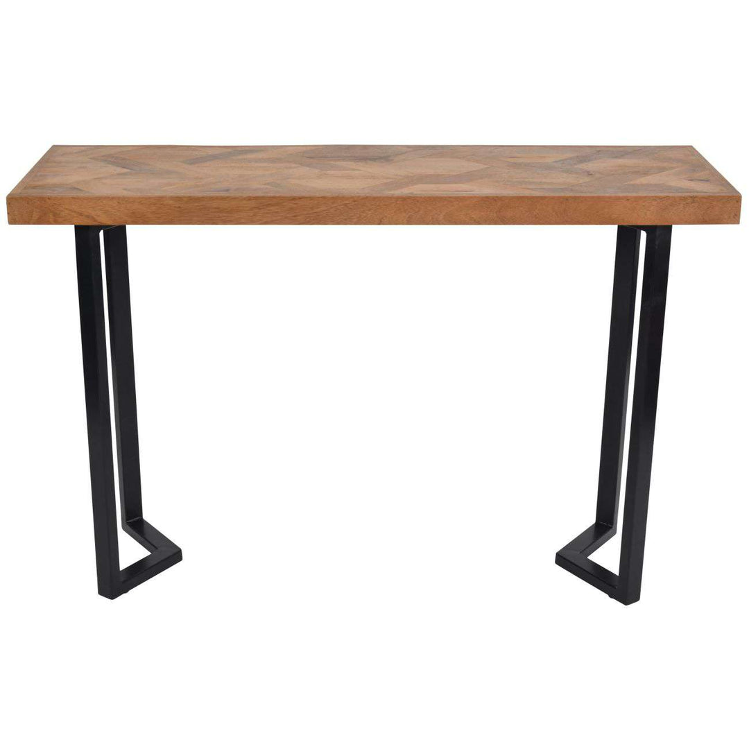 Wooden table with black metal legs on a white background