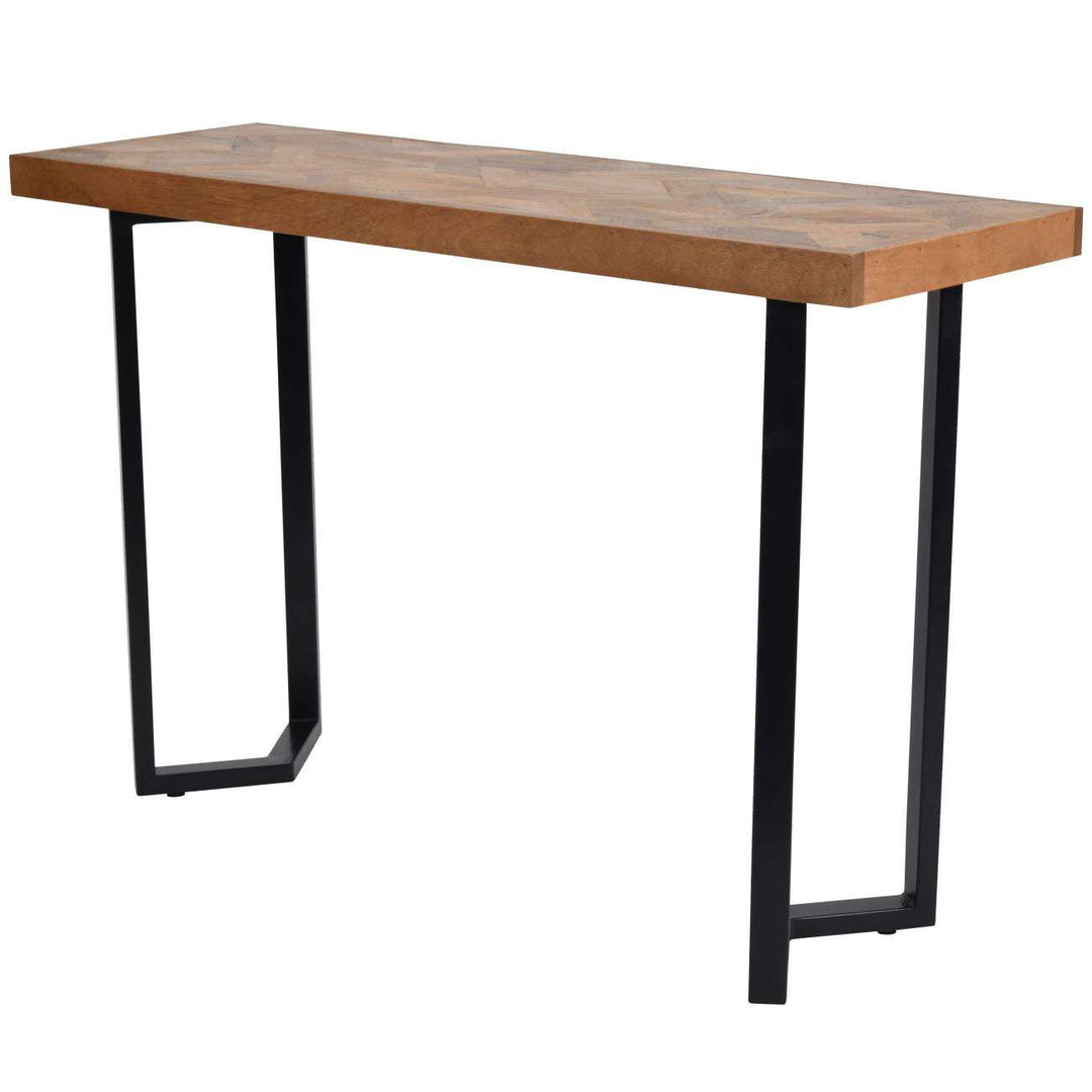 Wooden table with black metal legs on a white background