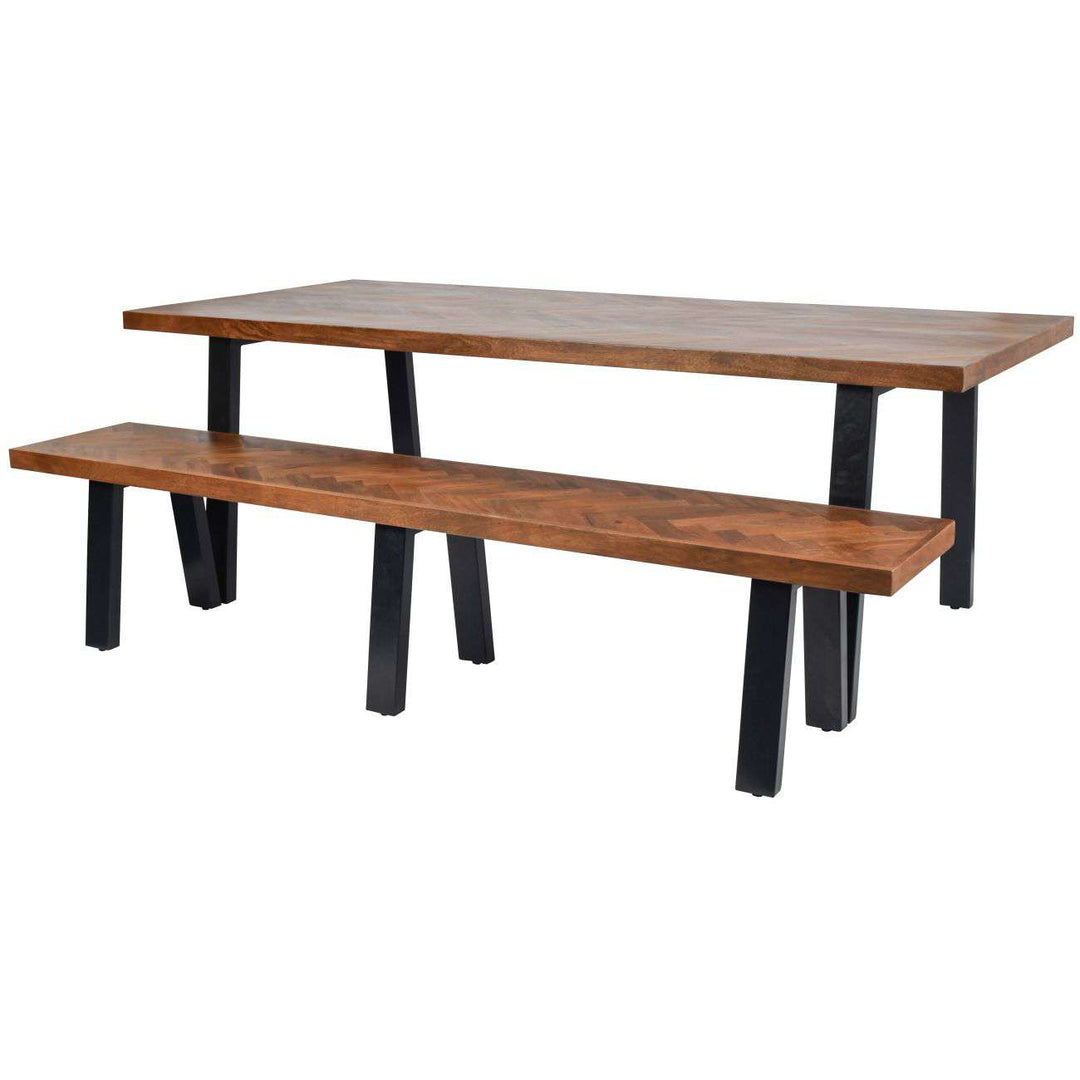 Wooden dining table with bench on a white background