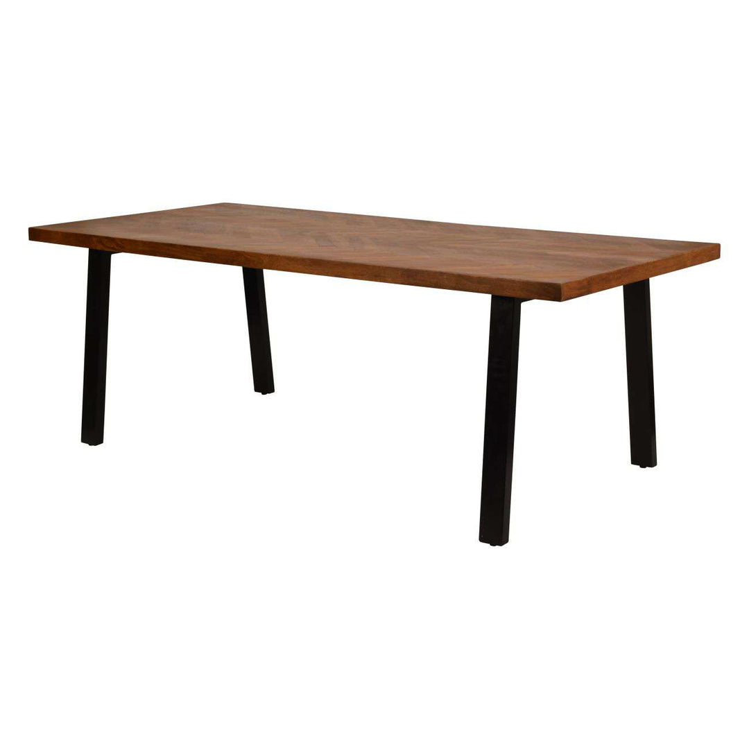 Wooden table with black legs on a white background