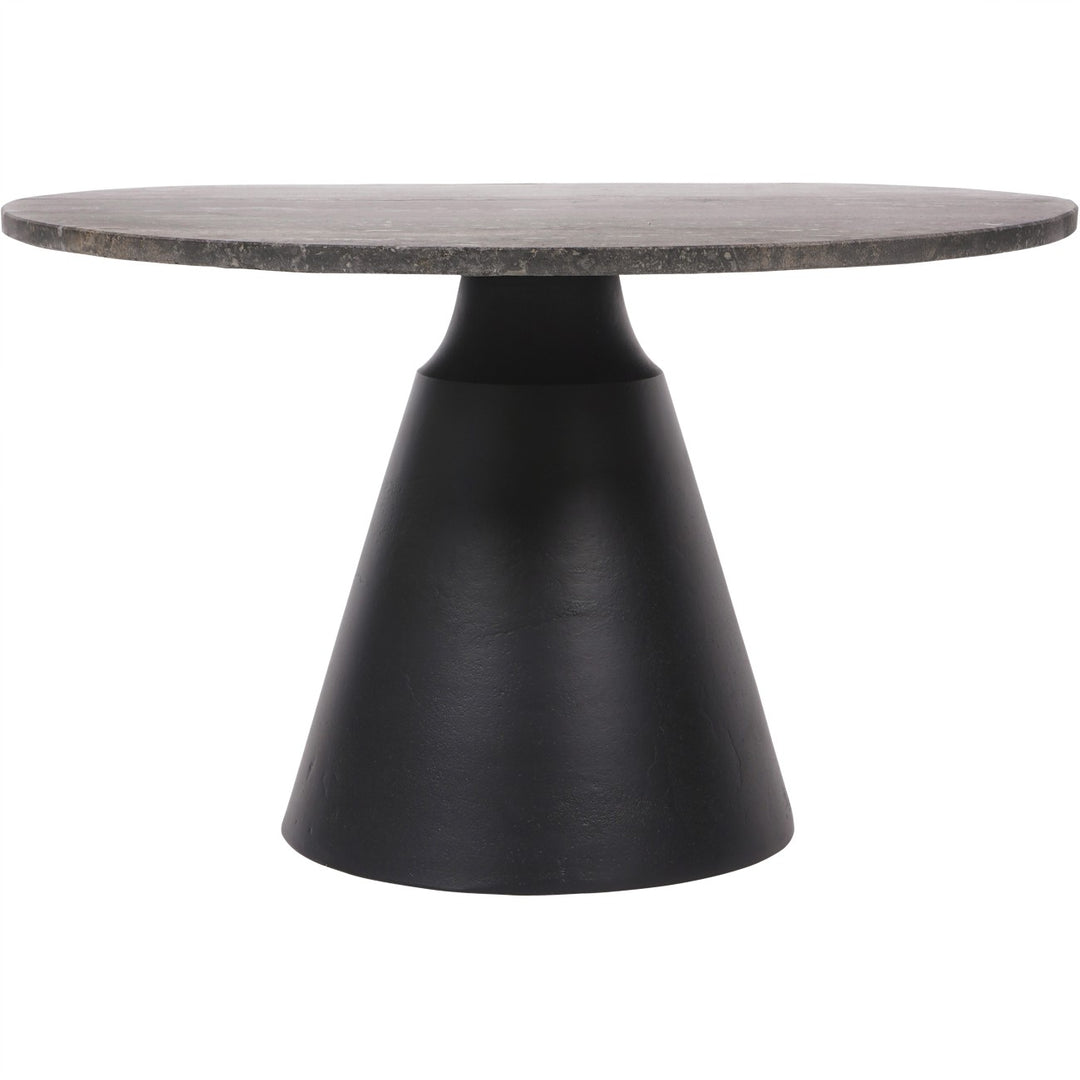 Round table with a dark stone top and black base on a white background