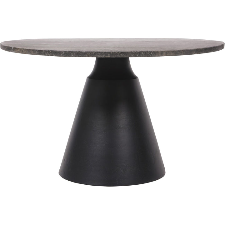 Round table with a dark stone top and black base on a white background