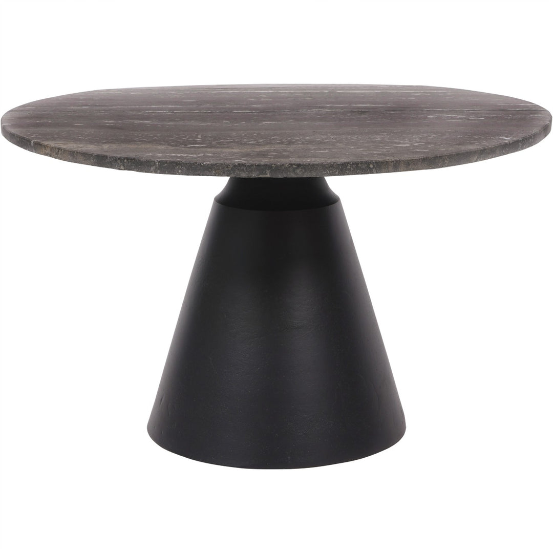 Round table with dark marble top and black base on a white background