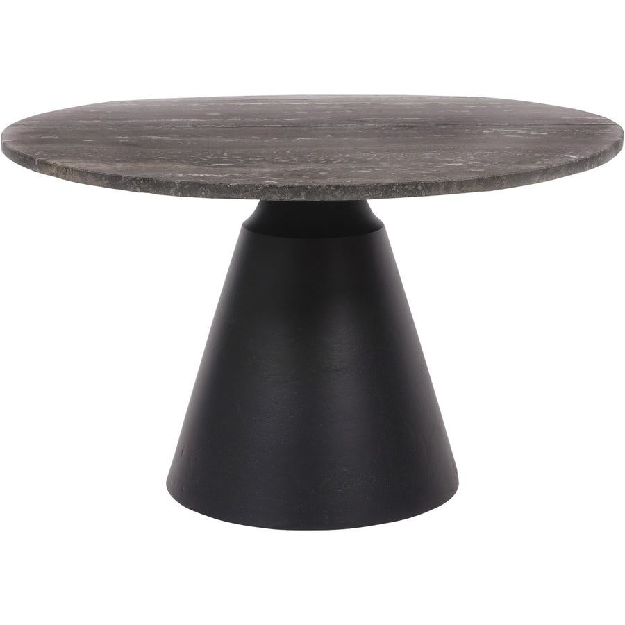 Round table with dark marble top and black base on a white background