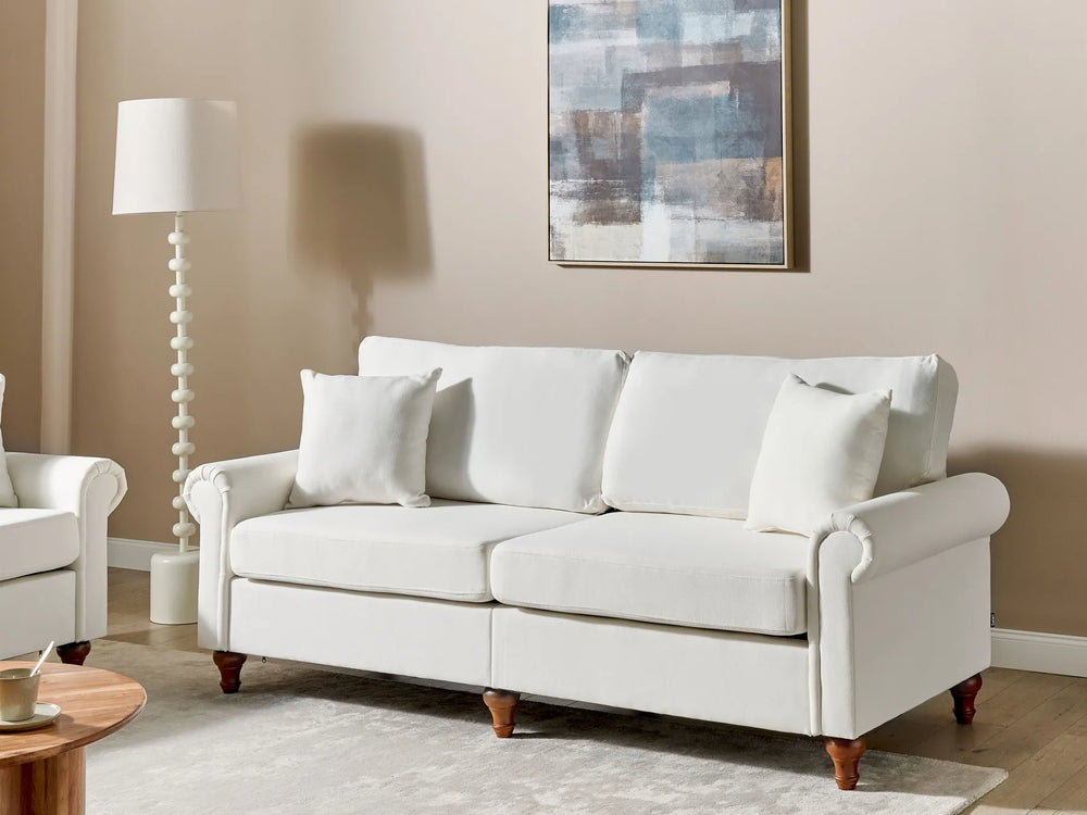 Victorian style 3 seater fabric sofa in off-white