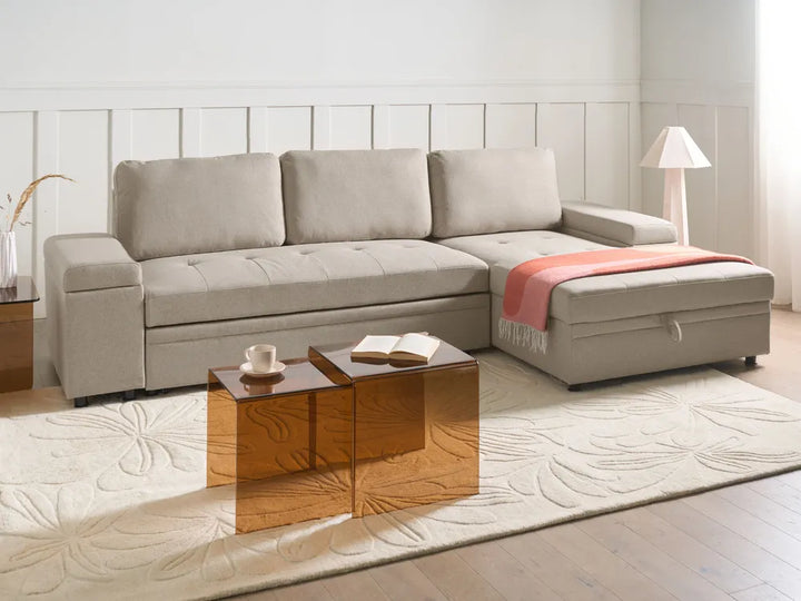 Corner Sofa Bed 3 Seater Faux Linen Beige Left Hand Adesire