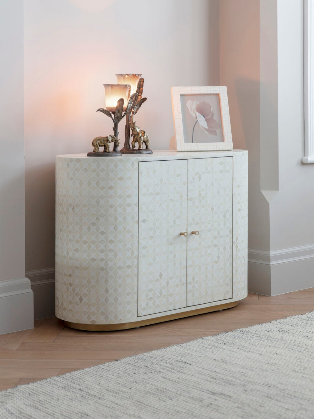 Aspen bone inlay two door cabinet with curved edges