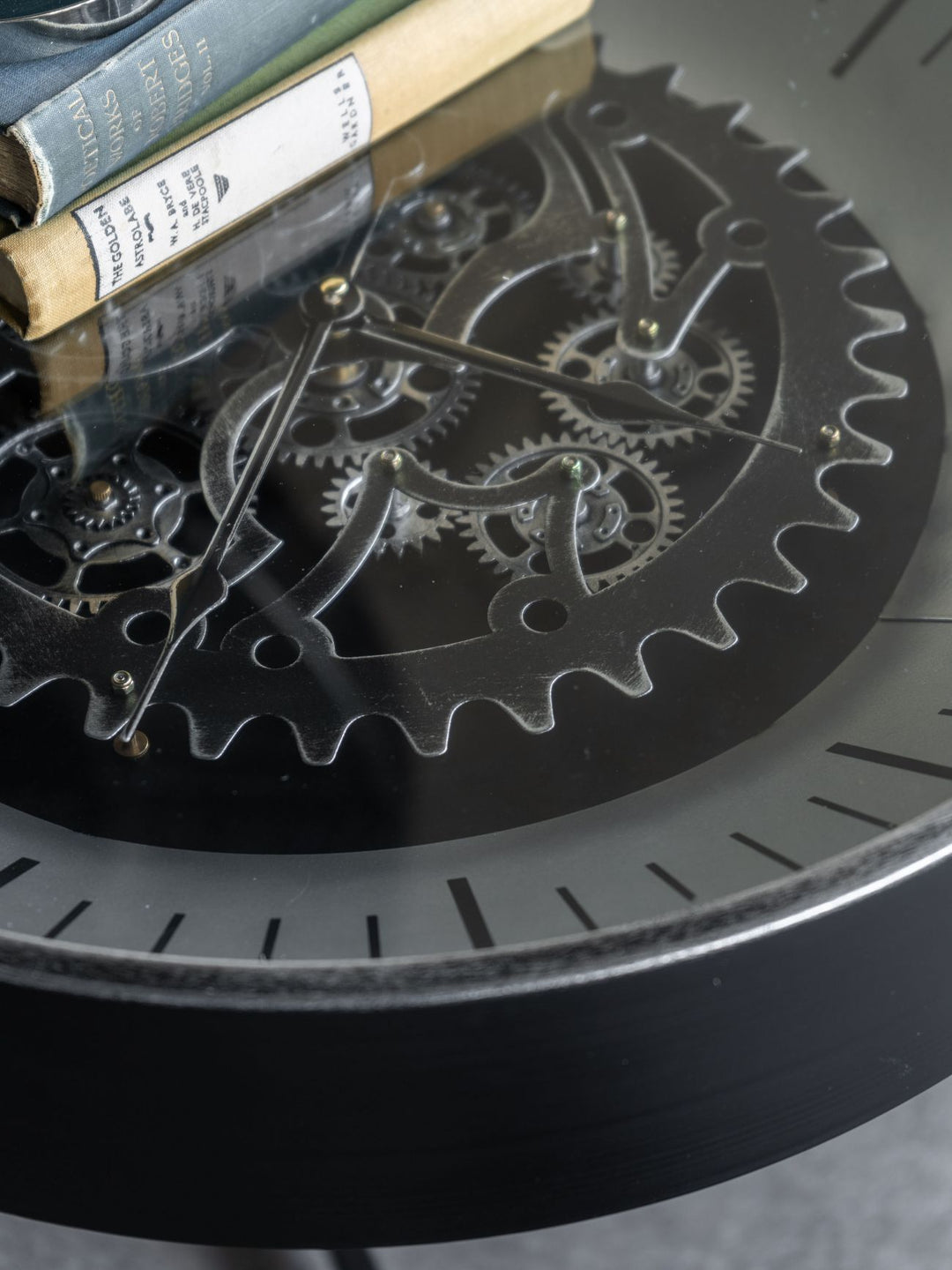 Libra Palladium Side Table Clock with Moving Cogs Black Nickel