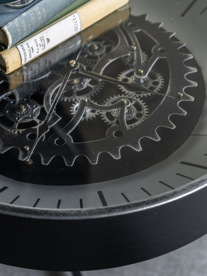 Libra Palladium Side Table Clock with Moving Cogs Black Nickel