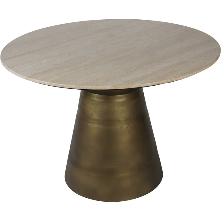 Round table with a marble top and bronze base on a white background
