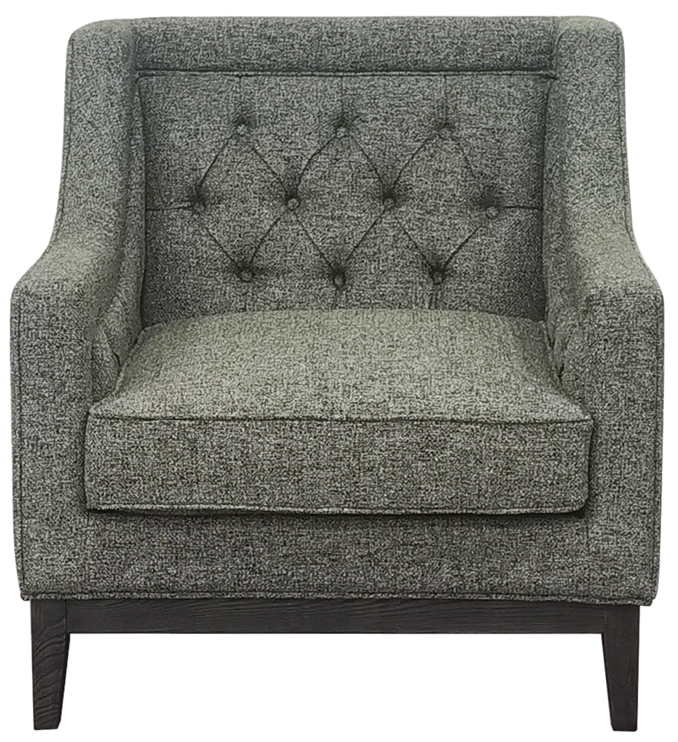 Gray upholstered armchair with tufted backrest on a white background