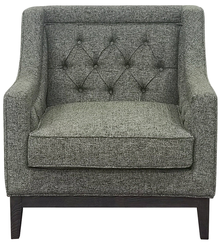 Gray upholstered armchair with tufted backrest on a white background