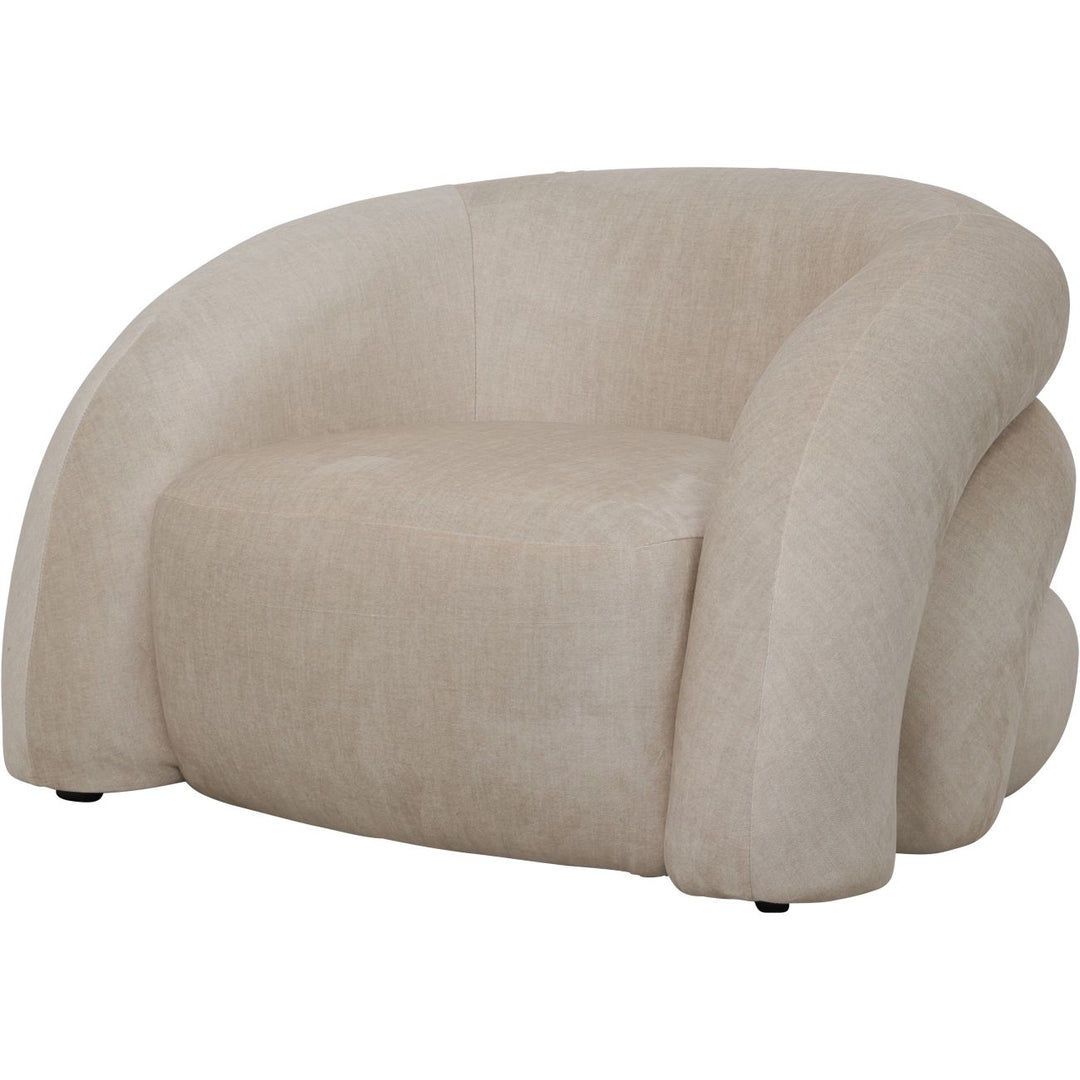 Beige armchair with a unique, curved design on a white background