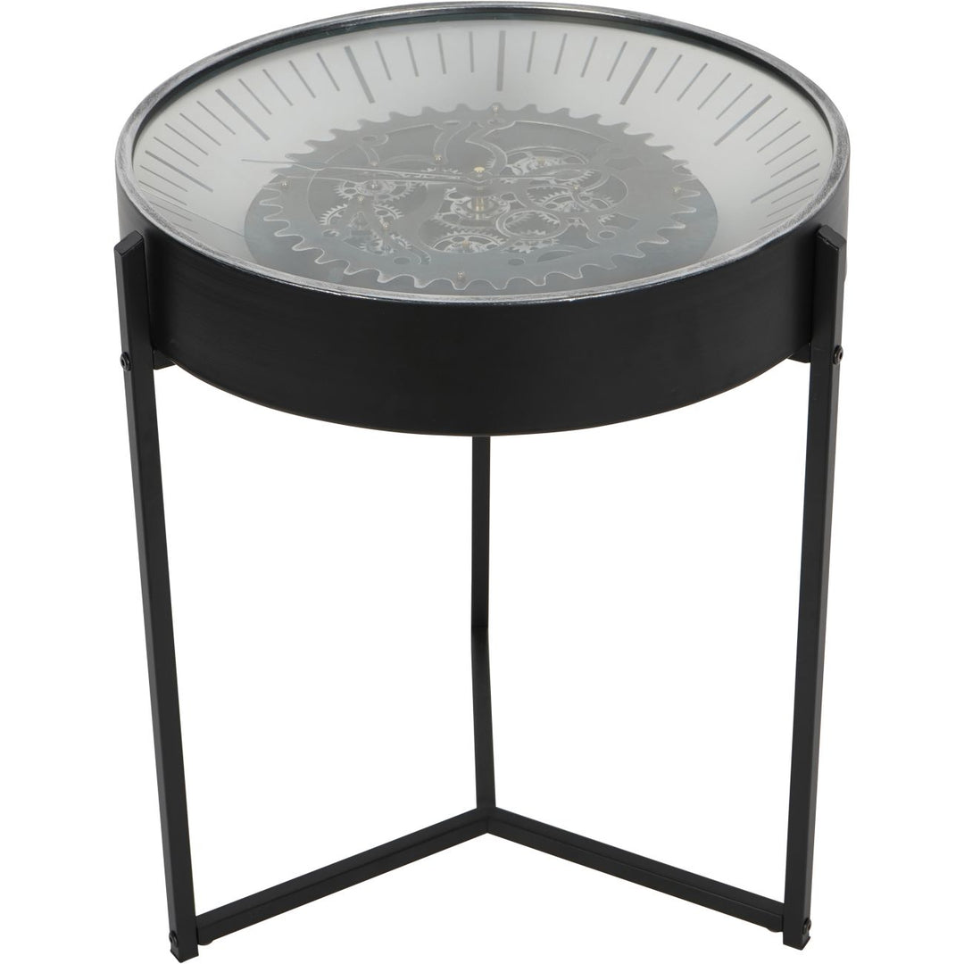 Round side table with black metal frame and glass top on a white background