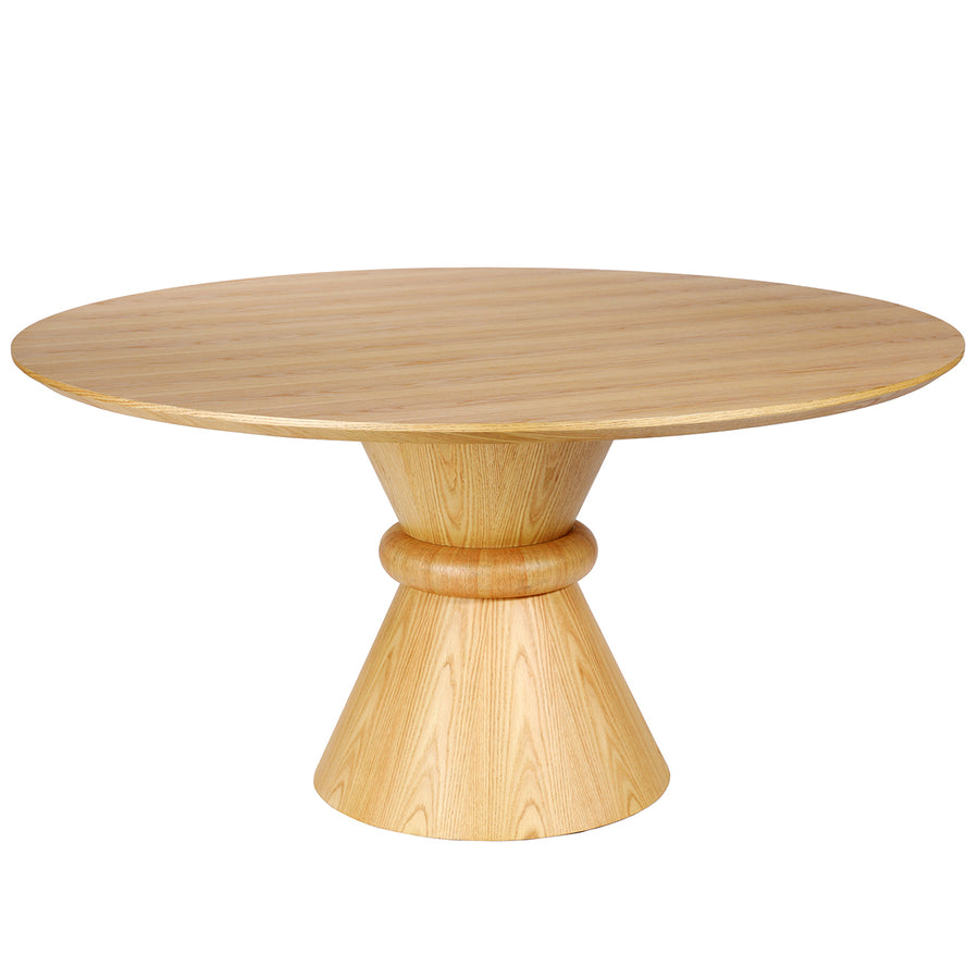 Wooden table with a unique base design on a white background
