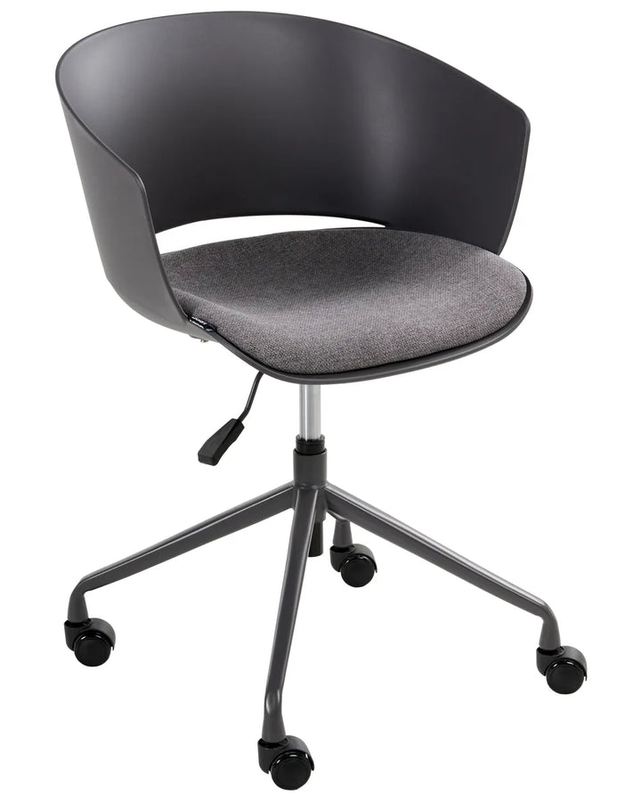 Gray office chair with a black frame on a white background