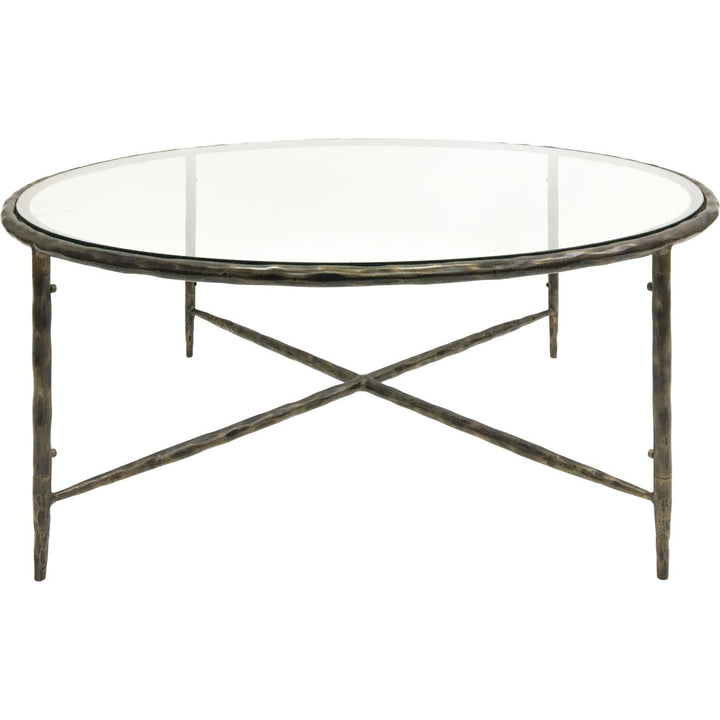 Round glass table with metal frame on a white background