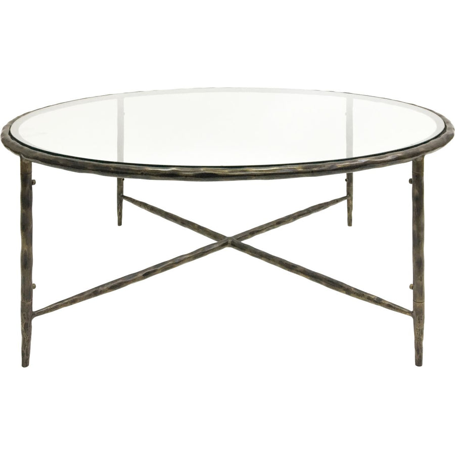 Round glass table with metal frame on a white background