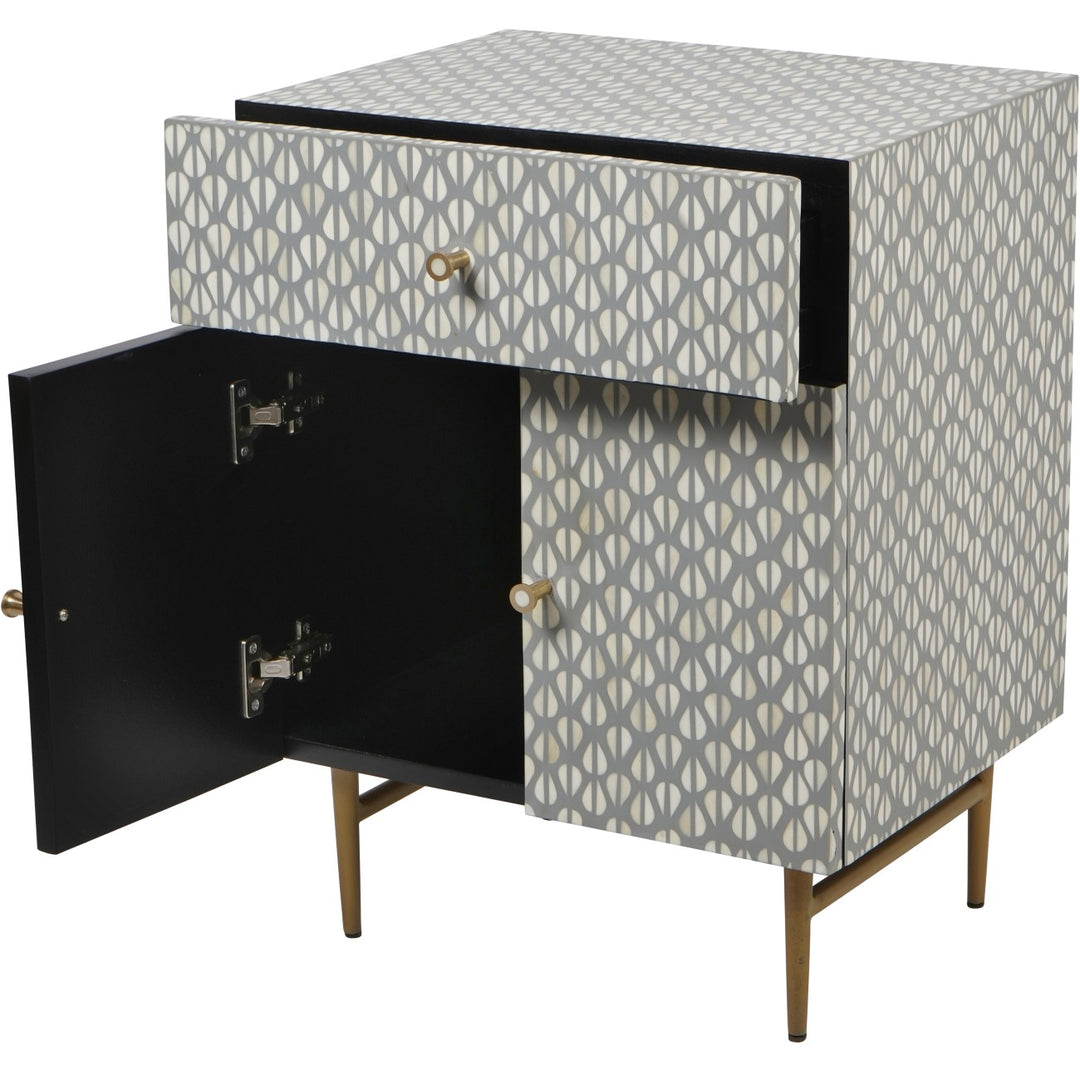 Libra Burgess Bone Inlay 2 Door Bedside Table in Grey & White Pattern
