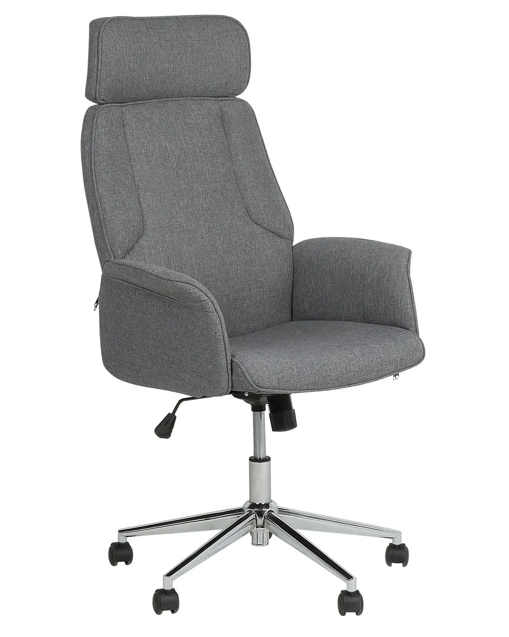 Gray office chair with a high backrest on a white background