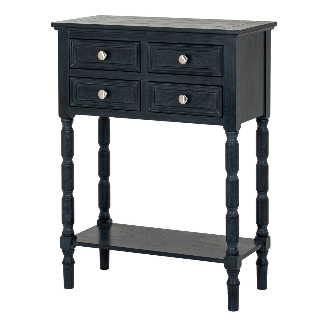 Black side table with four drawers and a shelf on a white background