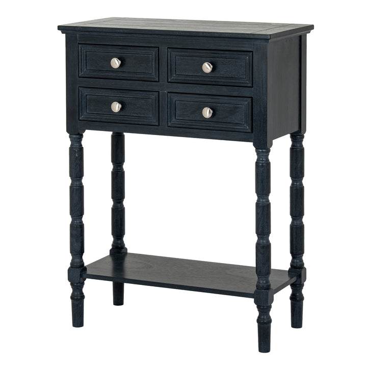 Black side table with four drawers and a shelf on a white background