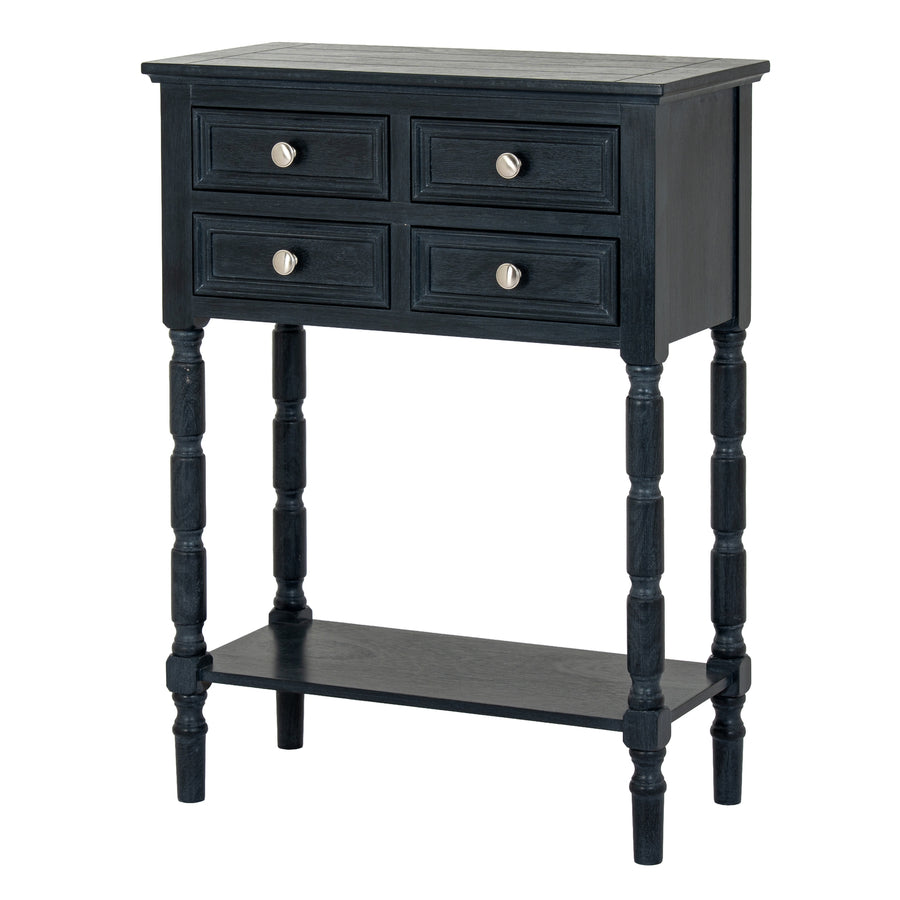 Black side table with four drawers and a shelf on a white background