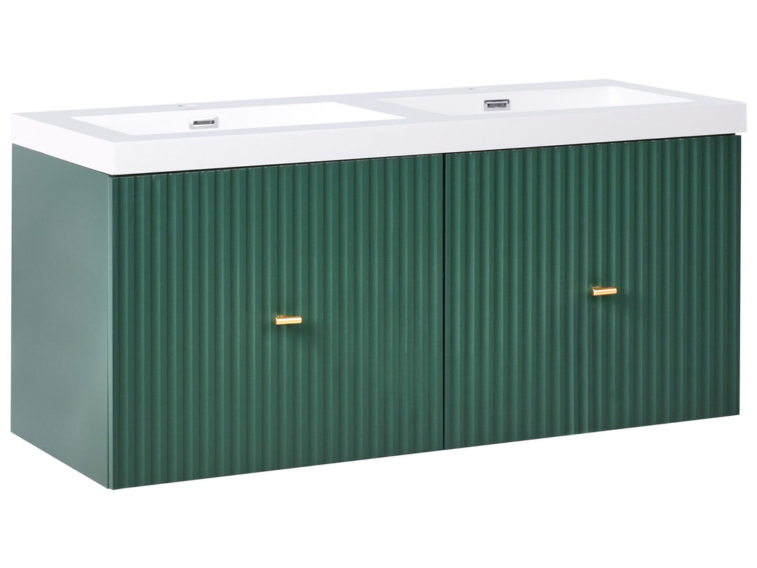 Green metal storage box with white top on a white background