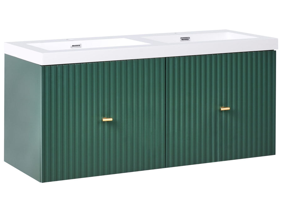 Green metal storage box with white top on a white background