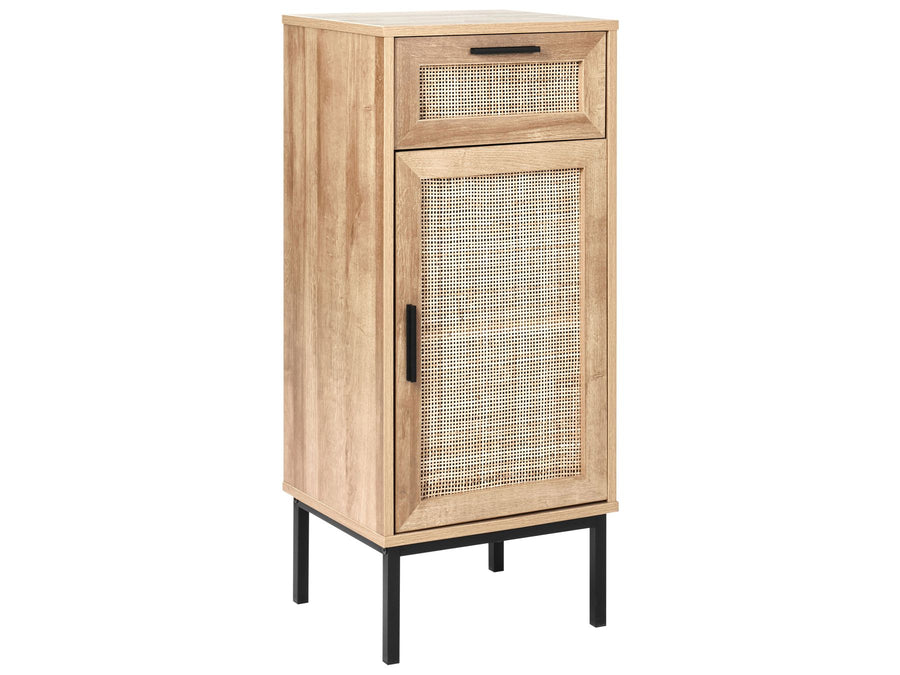 Wooden cabinet with a woven door on a white background