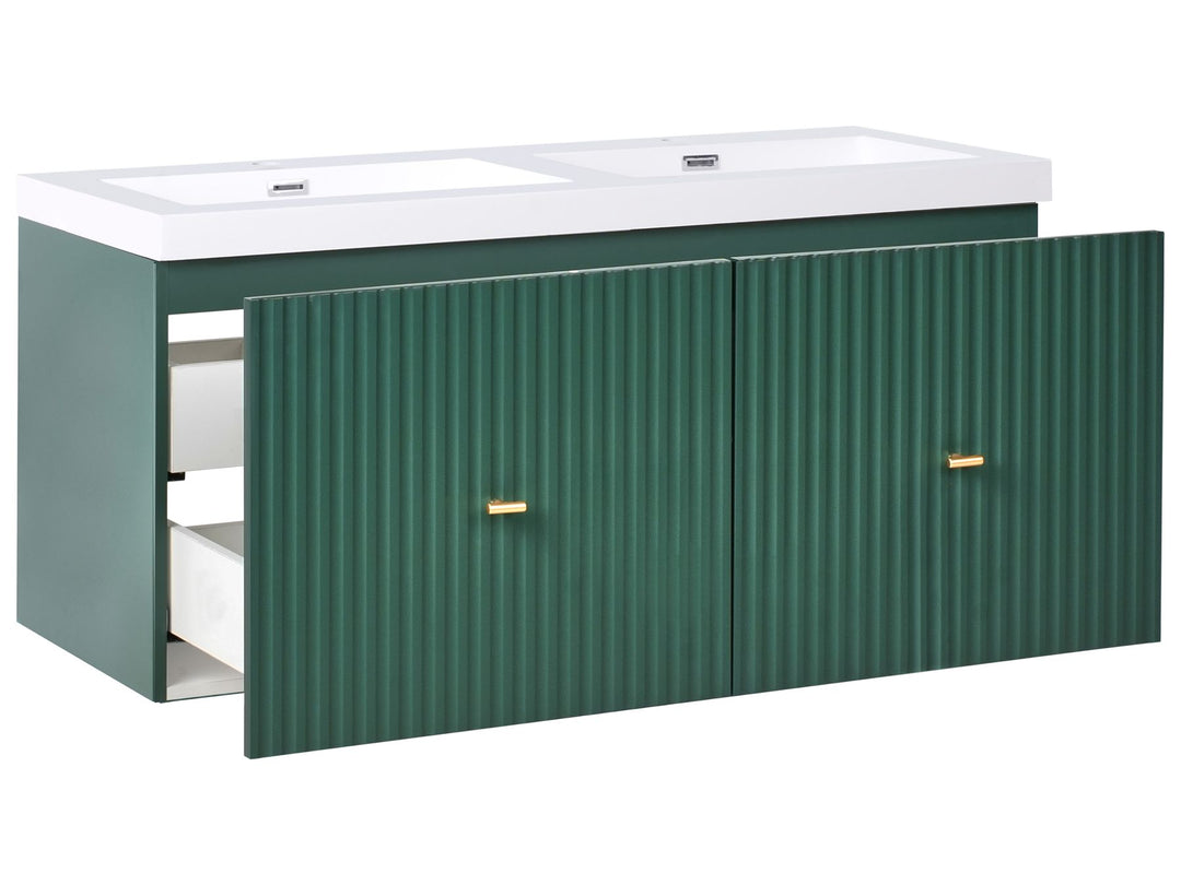 Wall Mounted Double Basin Vanity Unit with Gold Handle 120 cm 50 cm Emerald Green Lago