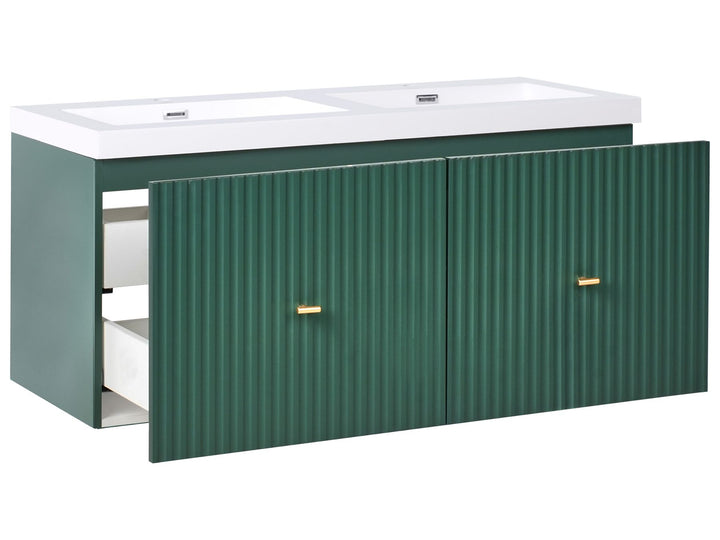 Wall Mounted Double Basin Vanity Unit with Gold Handle 120 cm 50 cm Emerald Green Lago